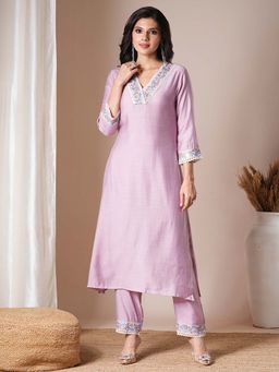 FASHOR - Floral Embroidered Straight Fit Co-Ord (Set of 2)