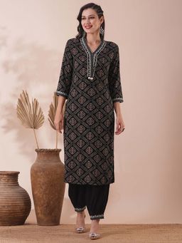 FASHOR - Ethnic Bandhani Printed and Embroidered Straight Fit Kurta with Balloon Pant (Set of 2)