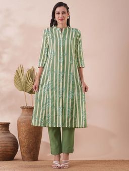 FASHOR - Floral and Stripes Printed A-Line Cotton Flax Kurta with Pant (Set of 2)