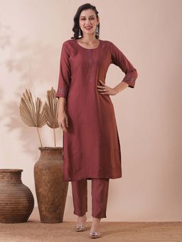 FASHOR - Mirror Embroidered Straight Fit Kurta with Pant (Set of 2)