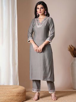 FASHOR - Floral Embroidered Straight Fit Co-Ord (Set of 2)