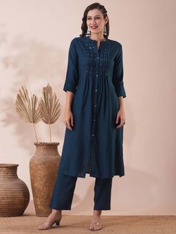 FASHOR - Pin Tucked and Mirror Embroidered A-Line Co-Ord (Set of 2)