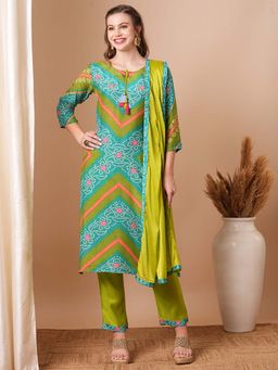 FASHOR - Bandhani Printed and Embroidered Straight Kurta with Pant and Dupatta (Set of 3)