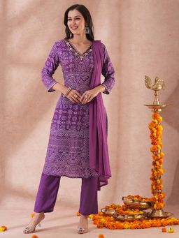 FASHOR - Bandhani Printed and Embroidered Straight Kurta with Pant and Dupatta (Set of 3)