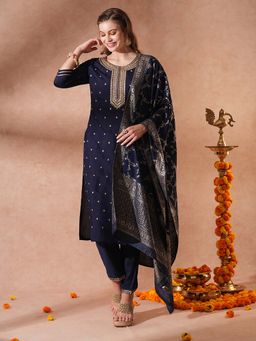FASHOR - Ethnic Embroidered Straight Fit Kurta with Pant and Dupatta (Set of 3)