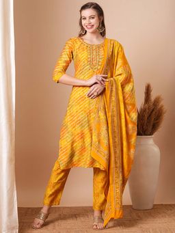 FASHOR - Leheriya Printed and Embroidered Straight Kurta with Pant and Dupatta (Set of 3)