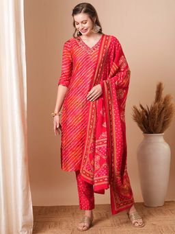 FASHOR - Leheriya Printed and Embroidered Straight Kurta with Pant and Dupatta (Set of 3)