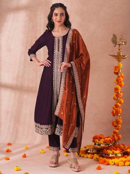 FASHOR - Ethnic Embroidered Anarkali Flared Kurta with Pant and Dupatta (Set of 3)