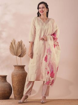 FASHOR - Ethnic Embroidered Straight Fit Kurta with Pant and Dupatta (Set of 3)