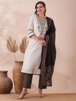 FASHOR - Ethnic Embroidered Straight Fit Kurta with Pant and Dupatta (Set of 3)