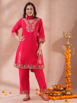 FASHOR - Ethnic Embroidered A-Line Kurta with Palazzo and Dupatta (Set of 3)