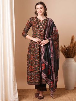 FASHOR - Ethnic Floral Printed and Embroidered Anarkali Kurta with Pant and Dupatta (Set of 3)