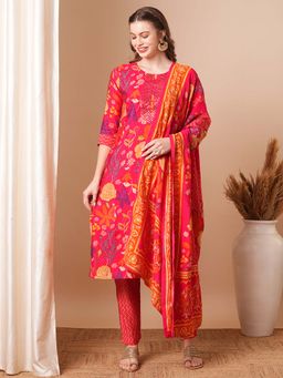 FASHOR - Floral Printed and Mirror Embroidered Straight Kurta with Pant and Dupatta (Set of 3)