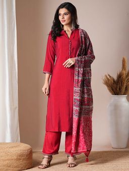 FASHOR - Ethnic Embroidered Straight Fit Kurta with Pant and Dupatta (Set of 3)