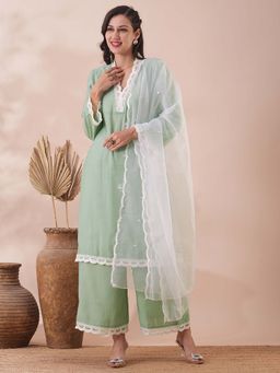 FASHOR - Scalloped Straight Fit Kurta with Palazzo and Dupatta (Set of 3)