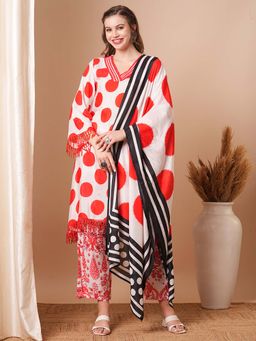 FASHOR - Abstract Polka Dot Printed A-Line Kurta with Pant and Dupatta (Set of 3)