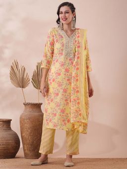 FASHOR - Floral Printed and Zari Embroidered Straight Fit Kurta with Pant and Dupatta (Set of 3)