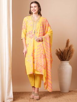 FASHOR - Abstract Floral Printed and Embroidered Straight Kurta with Pant and Dupatta (Set of 3)