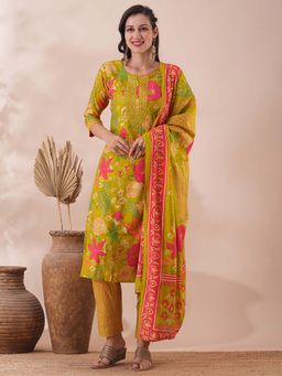FASHOR - Floral Printed and Embroidered Straight Kurta with Pant and Dupatta (Set of 3)
