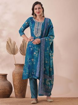 FASHOR - Floral Printed and Embroidered Straight Kurta with Pant and Dupatta (Set of 3)