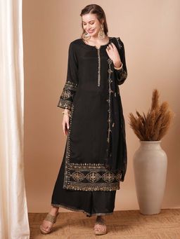 FASHOR - Floral and Embroidered Straight Fit Kurta with Palazzo and Dupatta (Set of 3)
