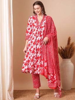 FASHOR - Floral and Leheriya Printed and Embroidered Kurta with Pant and Dupatta (Set of 3)