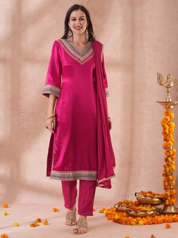 FASHOR - Ethnic Embroidered Straight Fit Kurta with Pant and Dupatta (Set of 3)
