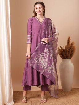 FASHOR - Floral Zari Embroidered Anarkali Kurta with Pant and Tissue Dupatta (Set of 3)