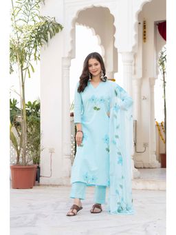 TERHA TAALI - Women Light Blue Hand Painted Straight Kurta with Pant and Dupatta