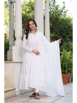 TERHA TAALI - Women White Khari Print Anarkali with Pant and Dupatta