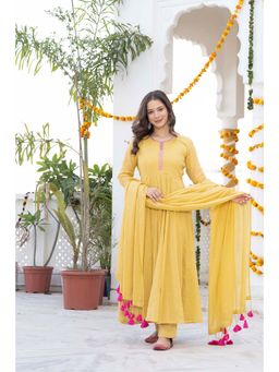 TERHA TAALI - Women Butter Mustard Mal Cotton Anarkali with Pant and Dupatta