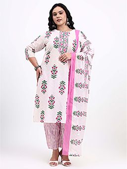 Yufta - Women Pink and White Pure Cotton Floral Kurta with Pant and Dupatta