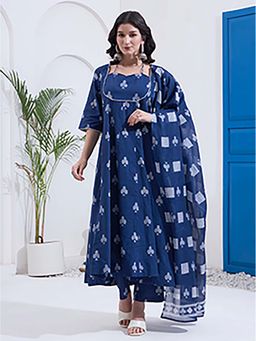 Yufta - Women Navy Blue Cotton Kalidaar Style Anarkali with Pant and Dupatta