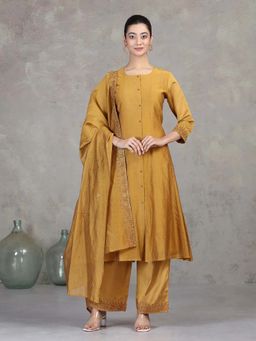 Cotton Culture - Women Gold Embroidered A Line Ethnic Kurta with Pant and Dupatta