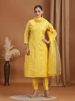 Cotton Culture - Women Yellow Floral Embroidered Cotton Straight Kurta with Pant and Dupatta