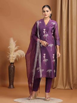 Cotton Culture - Women Purple Floral Embroidered Straight Kurta with Pant and Dupatta
