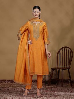 Cotton Culture - Women Light Orange Embroidered Straight Kurta with Pant and Dupatta