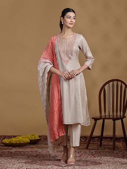 Cotton Culture - Women Beige Embroidered Kurta with Pant and Dupatta