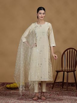 Cotton Culture - Women Cream Foil Print Straight Kurta with Pant and Dupatta