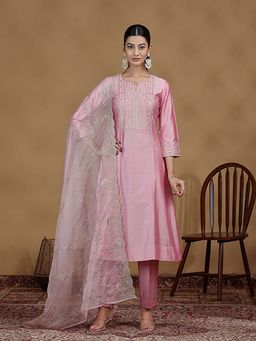 Cotton Culture - Women Baby Pink Embroidered Kurta with Pant and Dupatta