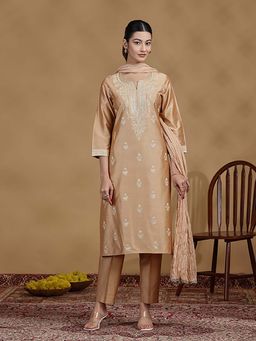 Cotton Culture - Women Brown Embroidered Kurta with Pant and Dupatta