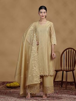 Cotton Culture - Women Gold Embroidered Straight Kurta with Palazzo and Dupatta