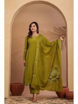Do Dhaage - Women Green Mul chanderi Flare Anarkali with Pant and Dupatta