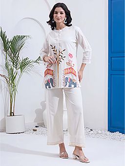 Yufta - Women White Mal Cotton Kantha Work Tunic with Pant