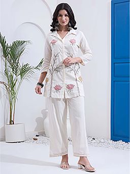 Yufta - Women Mauve Mal Cotton Kantha Work Tunic with Pant