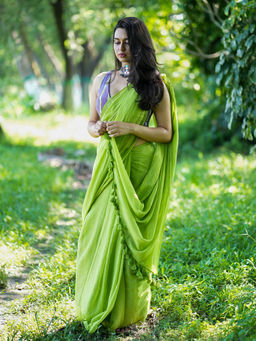 I LOVE SAREES - Plain Lime Green Handloom Cotton Saree with Tassels