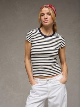 American Eagle - Navy Blue Striped Crew Neck Women T Shirt