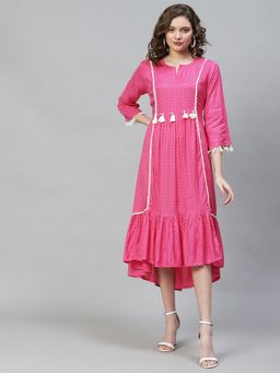 FASHOR - Polka Dots Printed Flared Midi Dress-Hot Pink