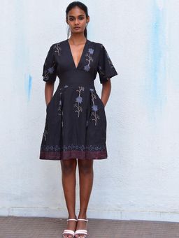 Chidiyaa - Humming Bird Whispering Blooms Black Hand Printed Cotton Dress
