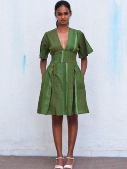 Chidiyaa - Humming Bird Serene Splendour Olive Hand Block Printed Cotton Dress